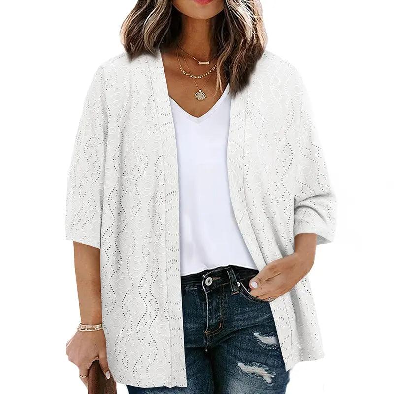 Plus Size Knitted Jacquard Cardigan for Women, Half Sleeve Summer Kimono Cover Up, Elegant Open Front Tops