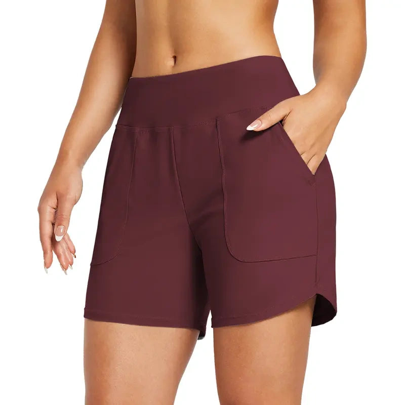 Women's High Waisted Quick Dry Swim Shorts with Zipper Pockets
