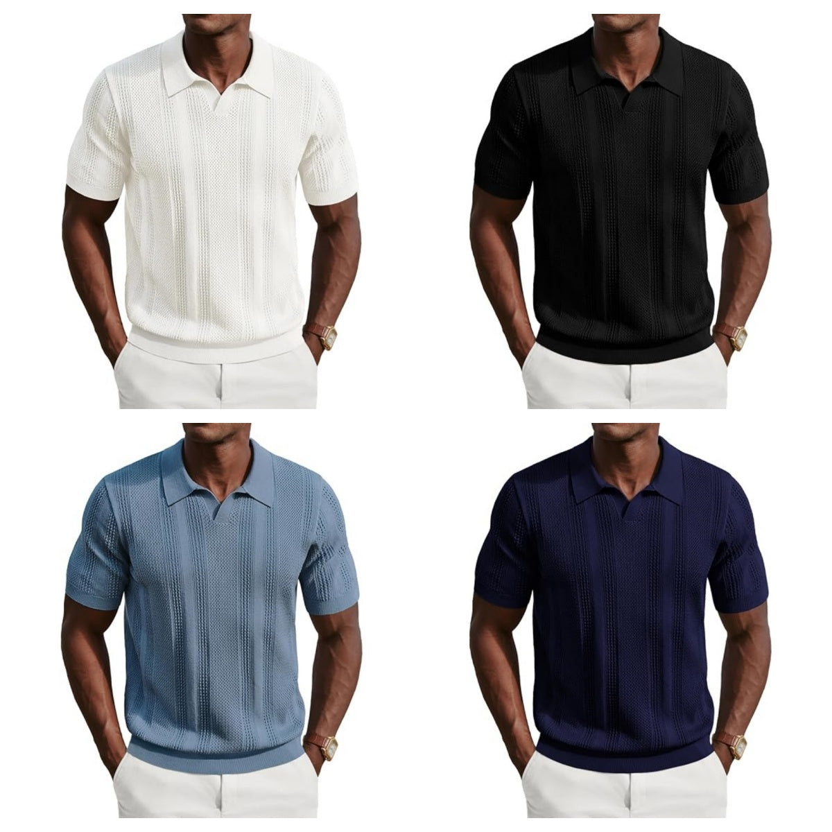 Mens Knit Polo Shirts V Neck Short Sleeve