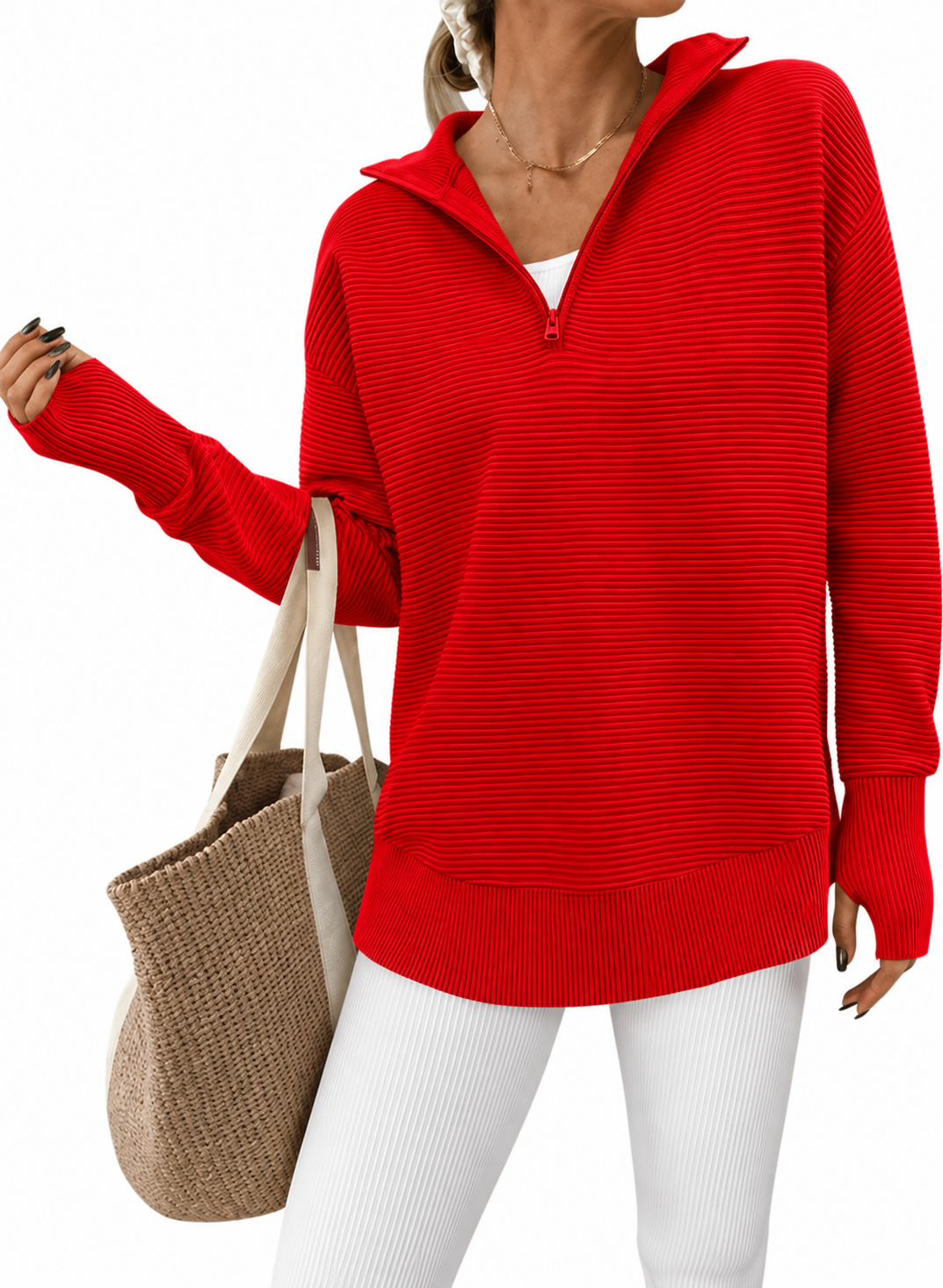 Women’s Ribbed Half-Zip Tunic Sweater – Relaxed Fit Long Sleeve Pullover