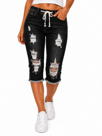 Fashion Distressed Ripped Capri Jeans Plus Size Casual High-Waisted Drawstring Waist Denim Cropped Pants + Lace cutout top