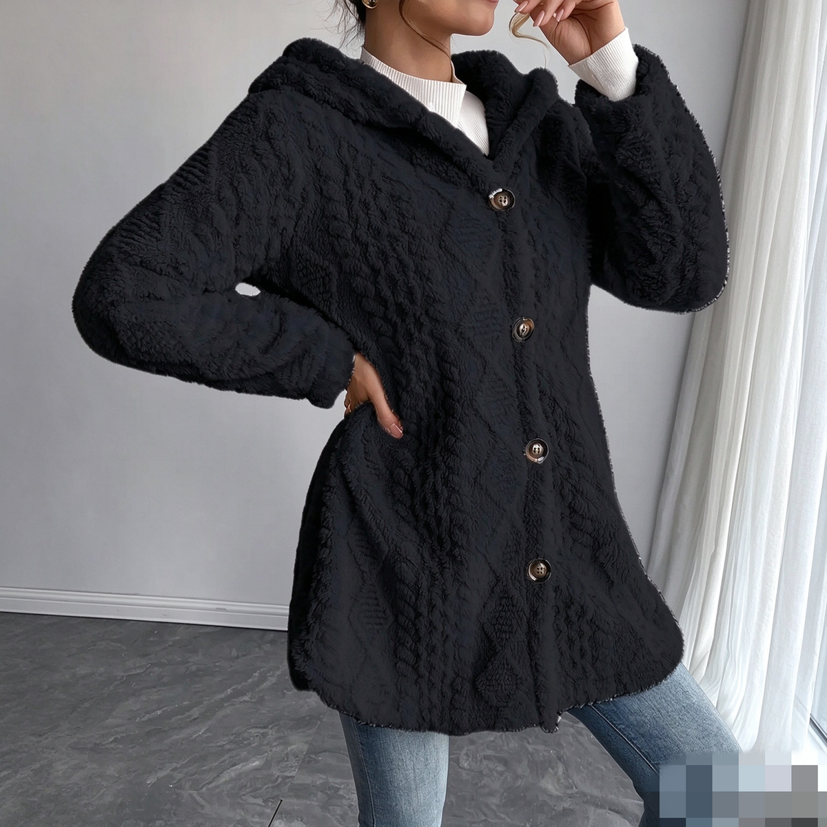 Women's Solid Color Fuzzy Hooded Coat