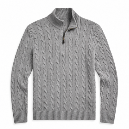 Men’s Cable Knit Quarter Zip Sweater, Classic Long Sleeve Pullover with Ribbed Collar