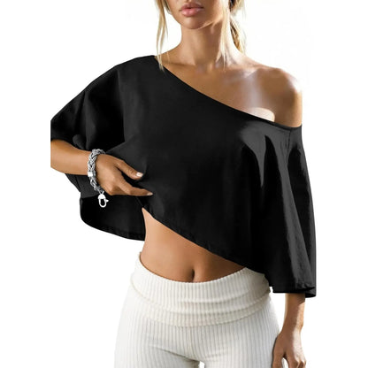 🔥Last Chance to Save ! Womens Cotton Off-Shoulder Crop Top Loose Batwing Sleeve Asymmetrical Neck Casual Tee