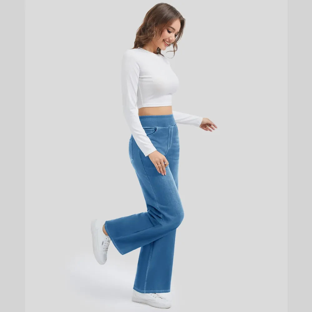 🔥Women's High-Waisted Washed Baggy Wide-Leg Stretchy Knit Jeans with Multiple Pockets – Comfortable Casual Denim