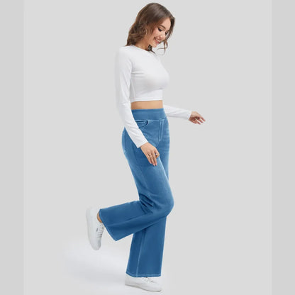 🔥Women's High-Waisted Washed Baggy Wide-Leg Stretchy Knit Jeans with Multiple Pockets – Comfortable Casual Denim