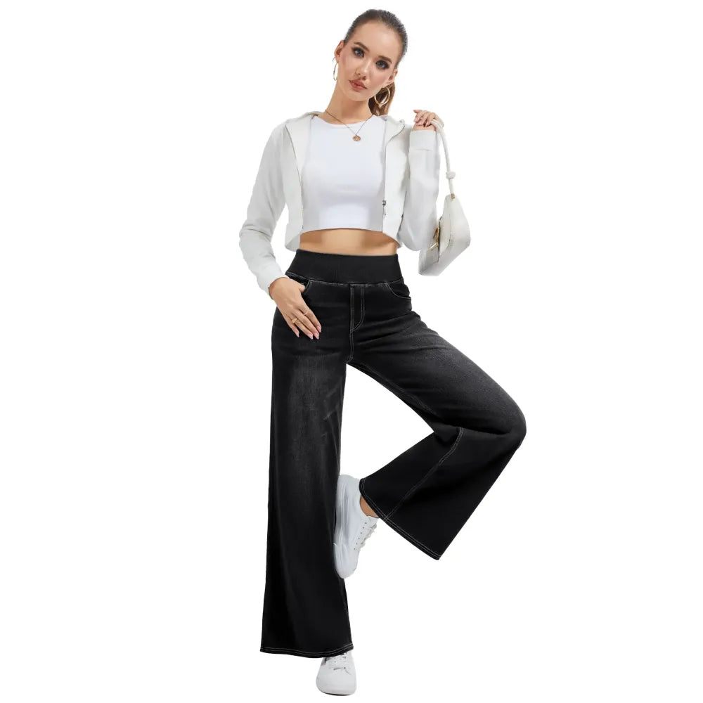 🔥Women's High-Waisted Washed Baggy Wide-Leg Stretchy Knit Jeans with Multiple Pockets – Comfortable Casual Denim