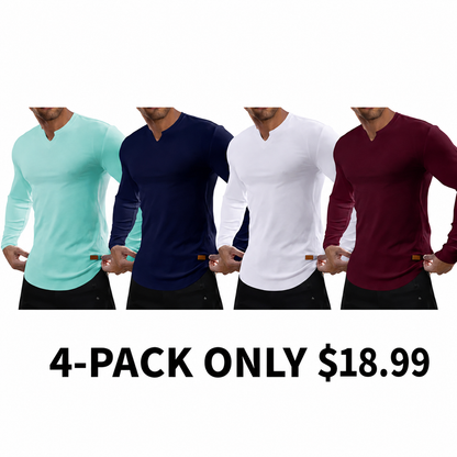 Men's slim-fit V-neck ribbed long-sleeved stretch T-shirt