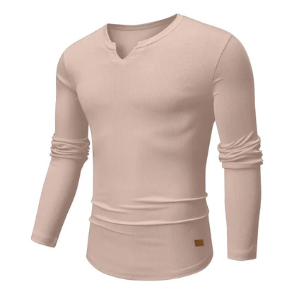 Men's slim-fit V-neck ribbed long-sleeved stretch T-shirt