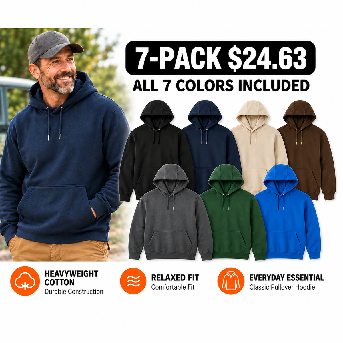 Men’s Pullover Hoodie – Solid Color Casual Sweatshirt with Kangaroo Pocket