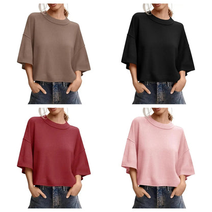 Women's Short Sleeve Oversized Cropped Baggy Loose Basic Round Neck Lightweight Knit Top