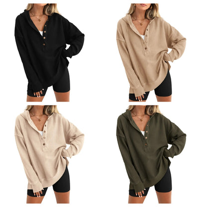 Women's Oversized Button V-Neck Hoodie Sweatshirt Long Sleeve Side Slit Casual Fall Pullover Top
