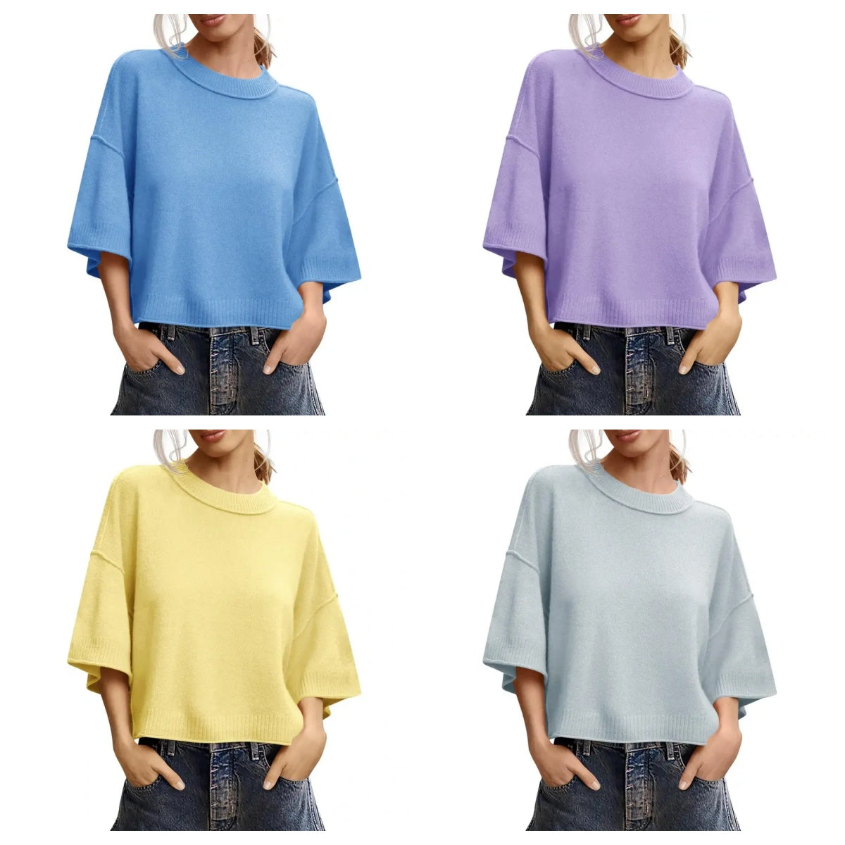 Women's Short Sleeve Oversized Cropped Baggy Loose Basic Round Neck Lightweight Knit Top