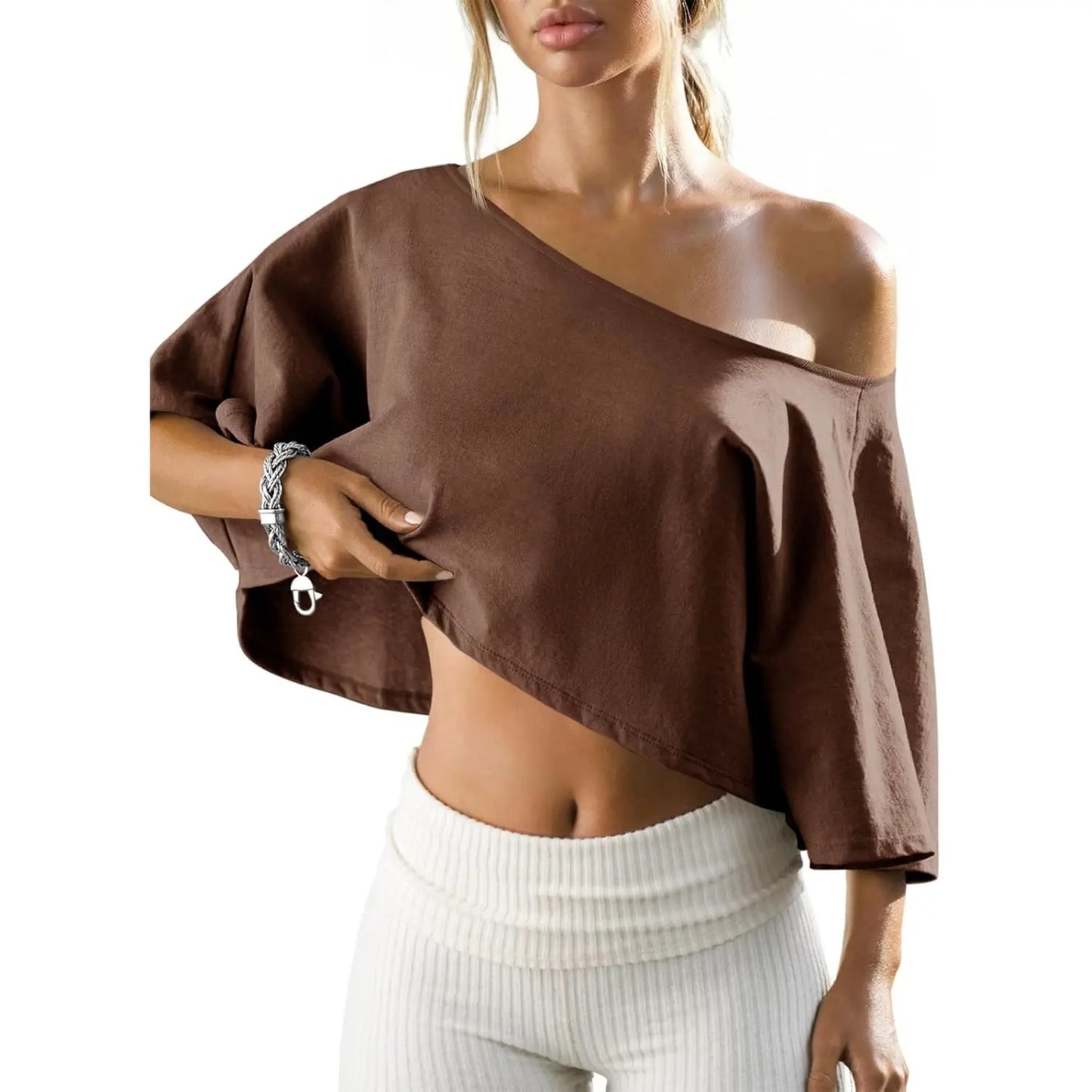 🔥Last Chance to Save ! Womens Cotton Off-Shoulder Crop Top Loose Batwing Sleeve Asymmetrical Neck Casual Tee