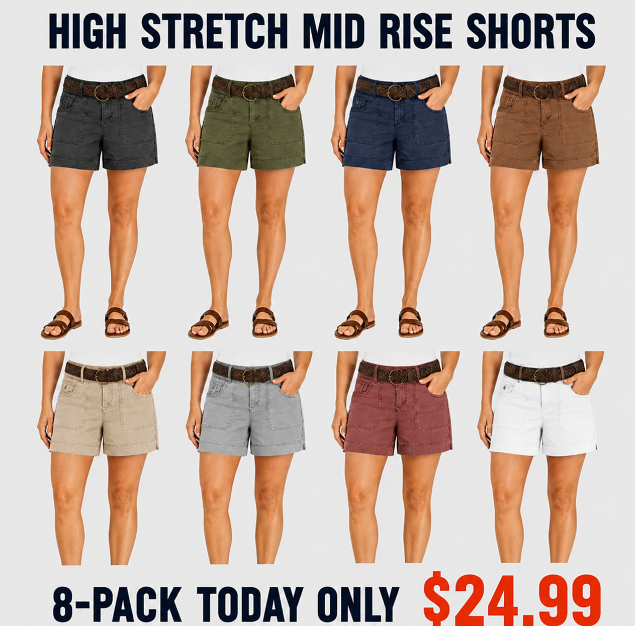 FINAL SALE⚡- 8 PACK Casual Summer Shorts – Split Side Flap Pocket Shorts Without Belt