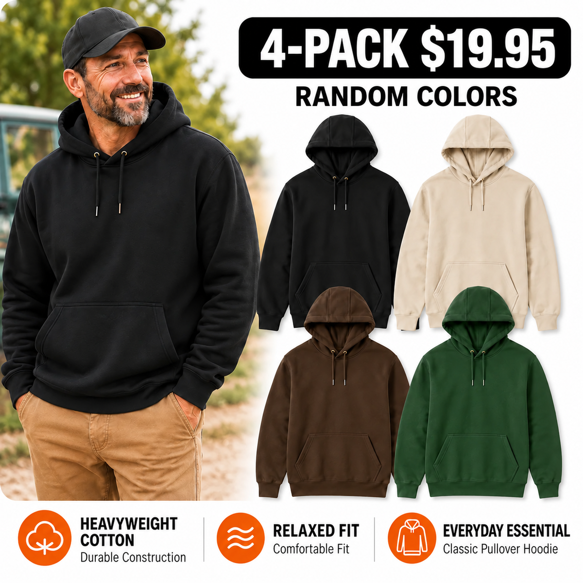 Men’s Pullover Hoodie – Solid Color Casual Sweatshirt with Kangaroo Pocket