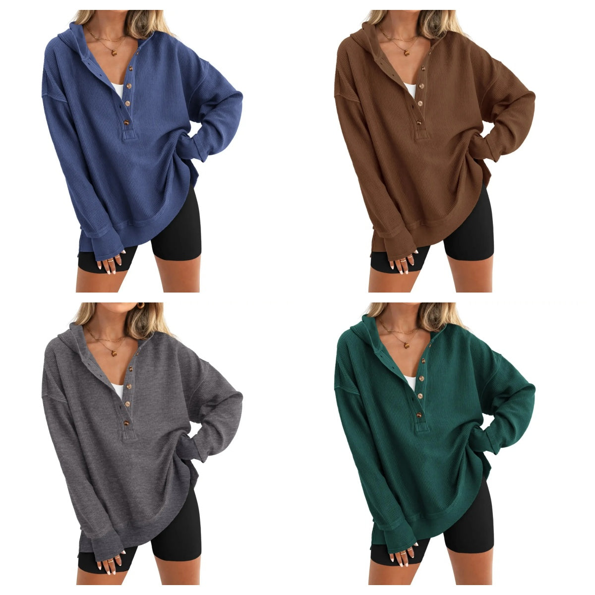 Women's Oversized Button V-Neck Hoodie Sweatshirt Long Sleeve Side Slit Casual Fall Pullover Top