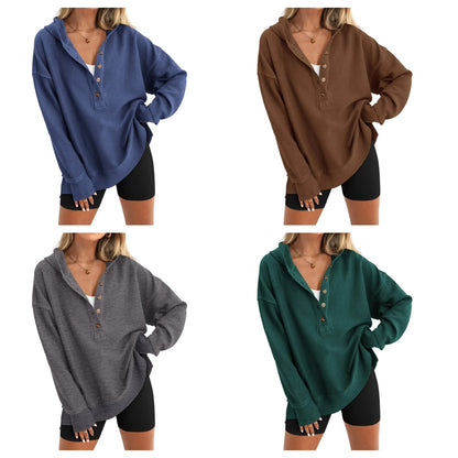Women's Oversized Button V-Neck Hoodie Sweatshirt Long Sleeve Side Slit Casual Fall Pullover Top