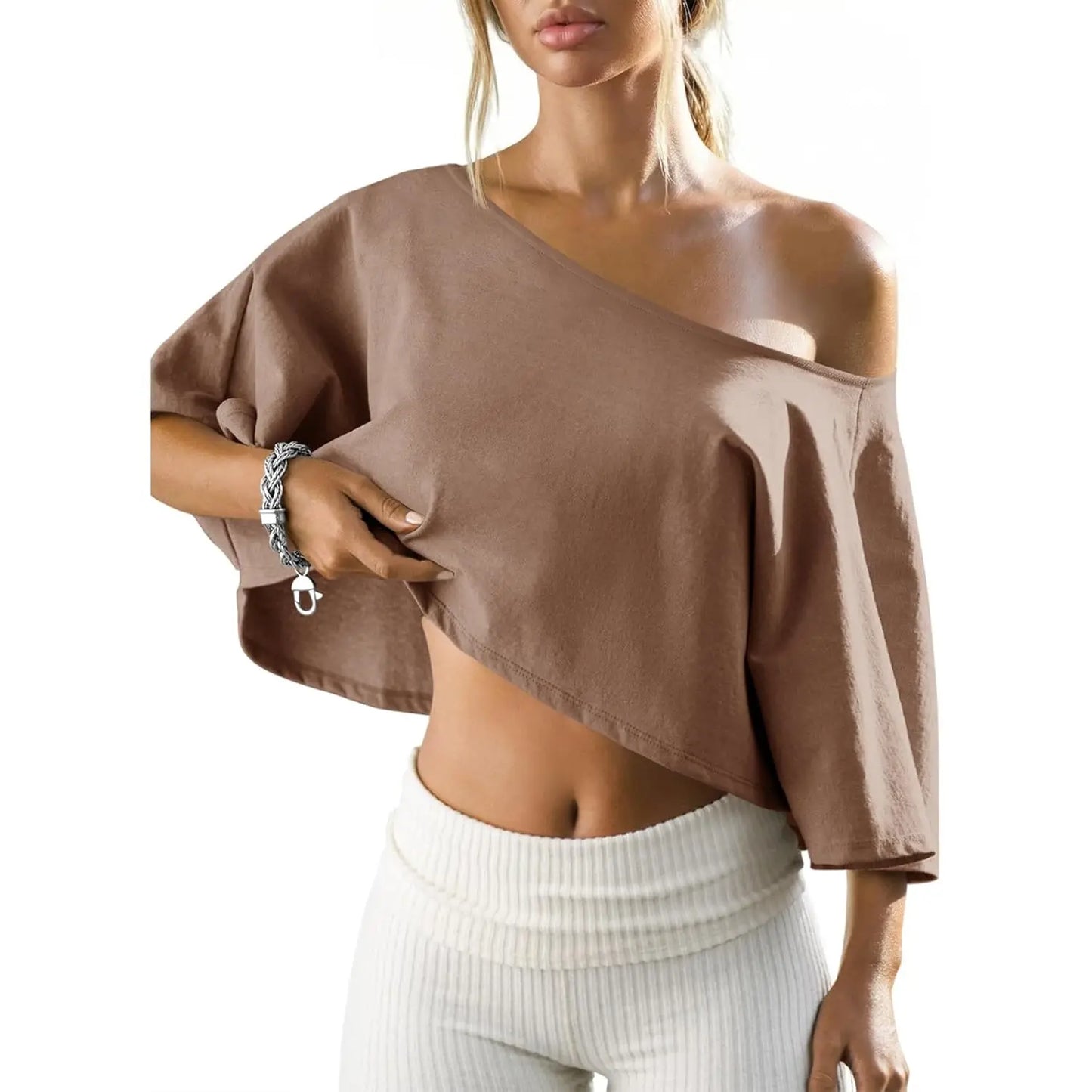🔥Last Chance to Save ! Womens Cotton Off-Shoulder Crop Top Loose Batwing Sleeve Asymmetrical Neck Casual Tee
