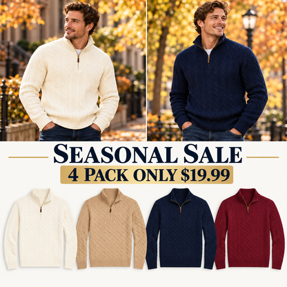 Men’s Cable Knit Quarter Zip Sweater, Classic Long Sleeve Pullover with Ribbed Collar