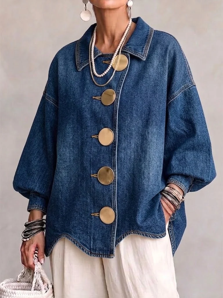 🤲LAST DAY SAVE 50% ⏰Collared Oversized Denim Jacket With Large Metal Buttons