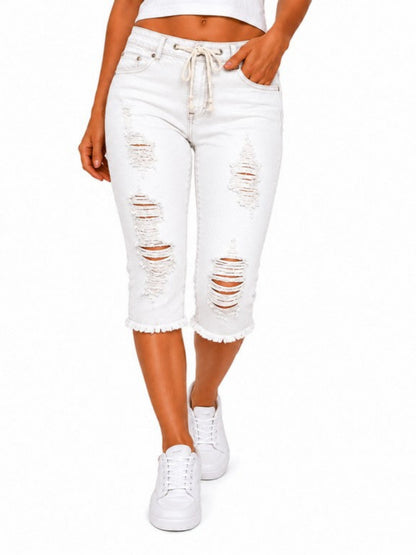 Fashion Distressed Ripped Capri Jeans Plus Size Casual High-Waisted Drawstring Waist Denim Cropped Pants + Lace cutout top
