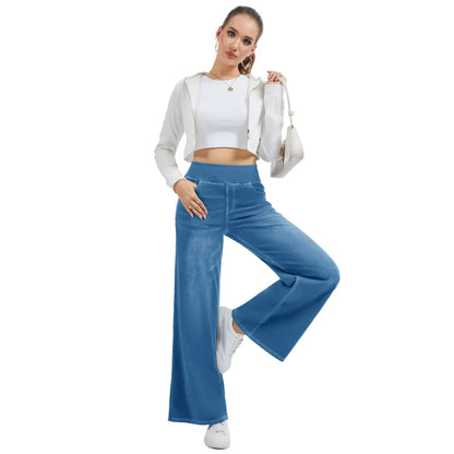 🔥Women's High-Waisted Washed Baggy Wide-Leg Stretchy Knit Jeans with Multiple Pockets – Comfortable Casual Denim
