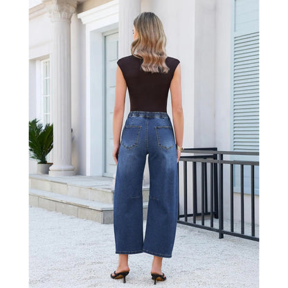 Barrel Jeans for Women High Waisted Cropped Wide Leg Stretch Denim Pants