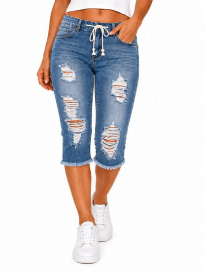 Fashion Distressed Ripped Capri Jeans Plus Size Casual High-Waisted Drawstring Waist Denim Cropped Pants + Lace cutout top