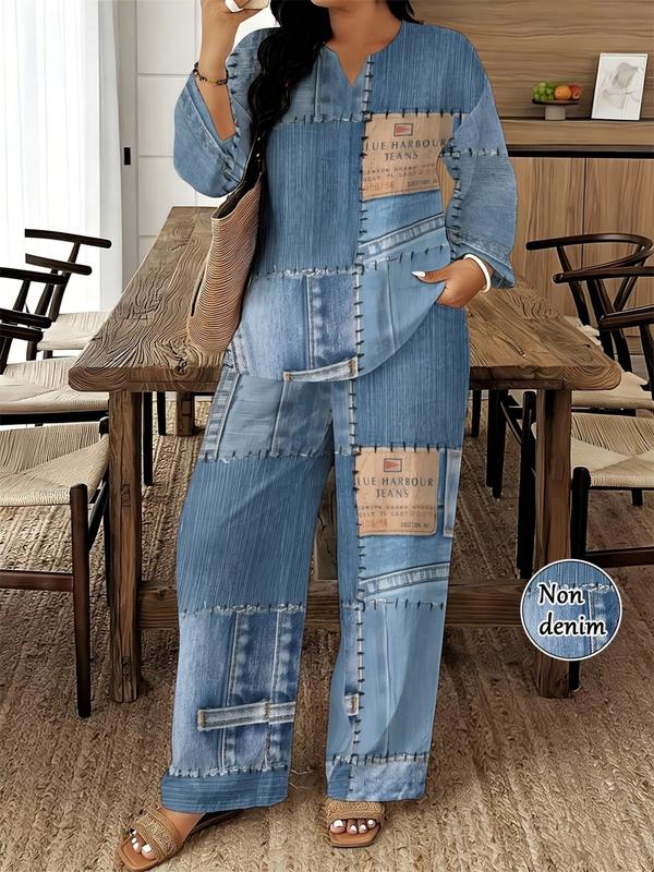 Women's Plus Size Faux Denim Patchwork Print 2-Piece
