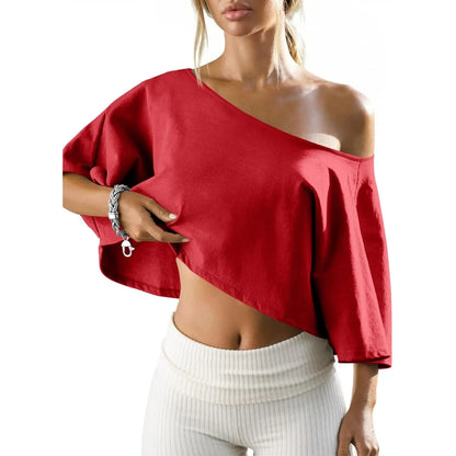 🔥Last Chance to Save ! Womens Cotton Off-Shoulder Crop Top Loose Batwing Sleeve Asymmetrical Neck Casual Tee