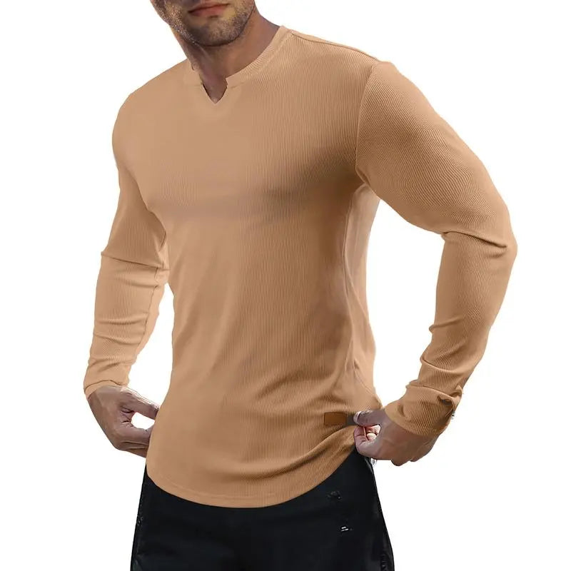 Men's slim-fit V-neck ribbed long-sleeved stretch T-shirt