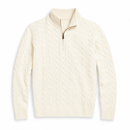 Men’s Cable Knit Quarter Zip Sweater, Classic Long Sleeve Pullover with Ribbed Collar