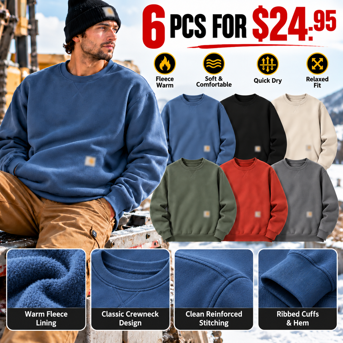 🔥LAST DAY CLERANCE🔥Men's Fleece Crewneck Sweatshirt - 6 PCS