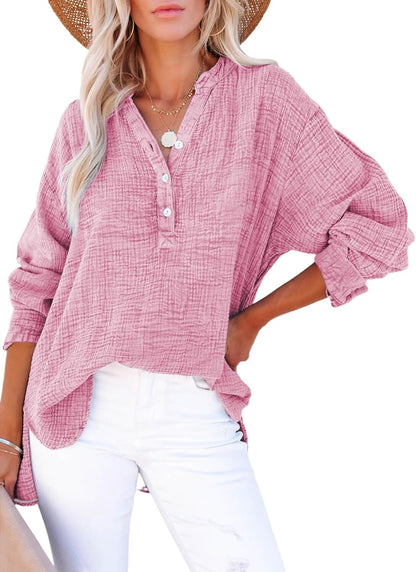 Womens Casual Button V Neck Long Sleeve Shirts Oversized Solid Blouses Tops