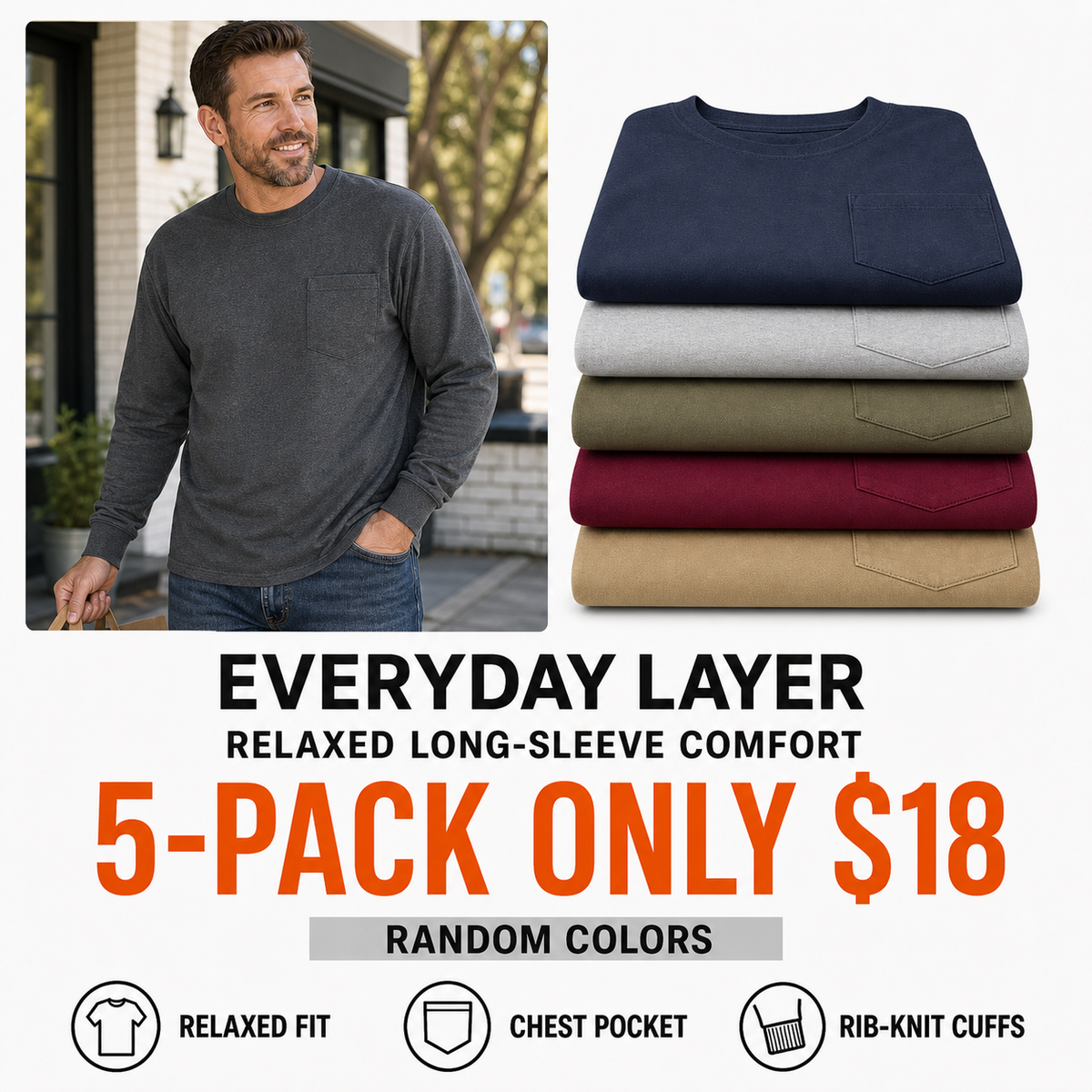Men’s Relaxed-Fit Long-Sleeve Crewneck Pocket T-Shirt