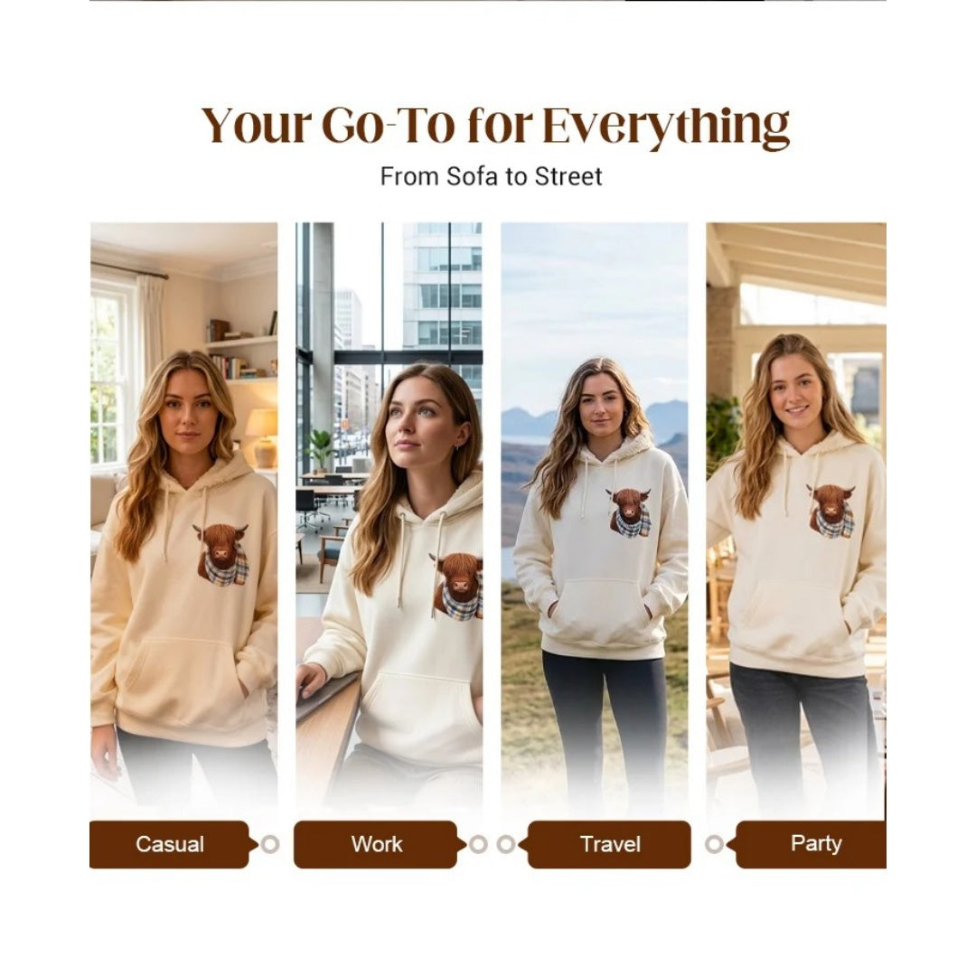 🐮 50% OFF!!🎁Cute Highland Cow Cozy Fleece-Lined Hooded Sweatshirt
