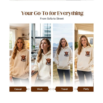 🐮 50% OFF!!🎁Cute Highland Cow Cozy Fleece-Lined Hooded Sweatshirt