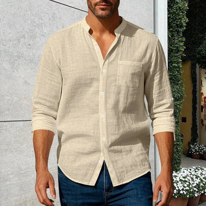 Men's Linen Long Sleeve Stand Collar Shirt