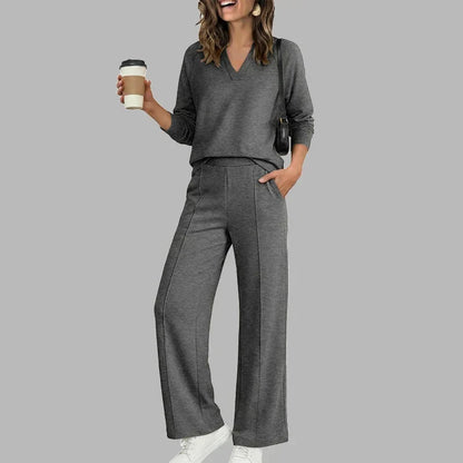 🎉Women's V-Neck Top & Wide-Leg Pants Set