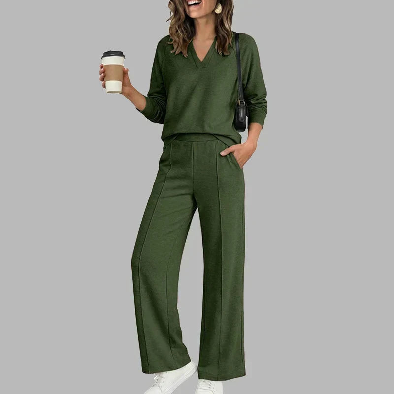 🎉Women's V-Neck Top & Wide-Leg Pants Set